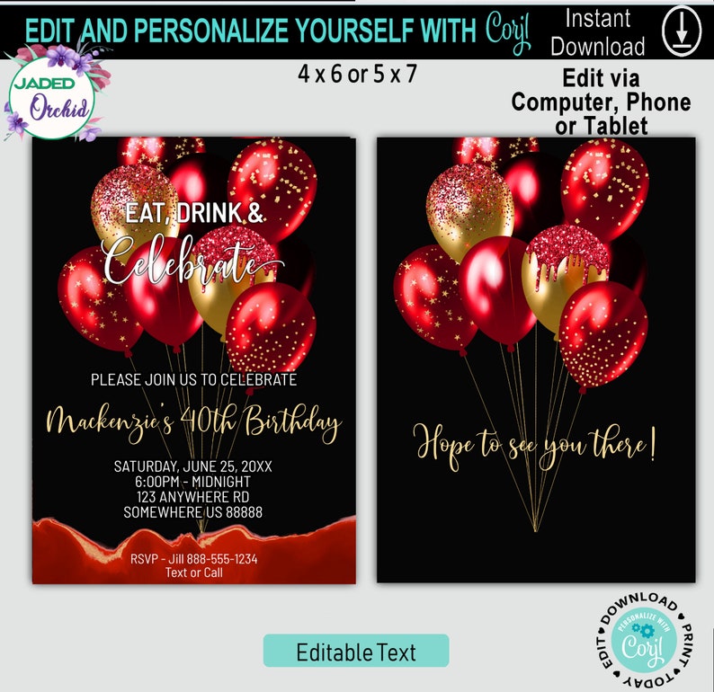 Printable Red Birthday Party Invitation Red and Gold Birthday Etsy