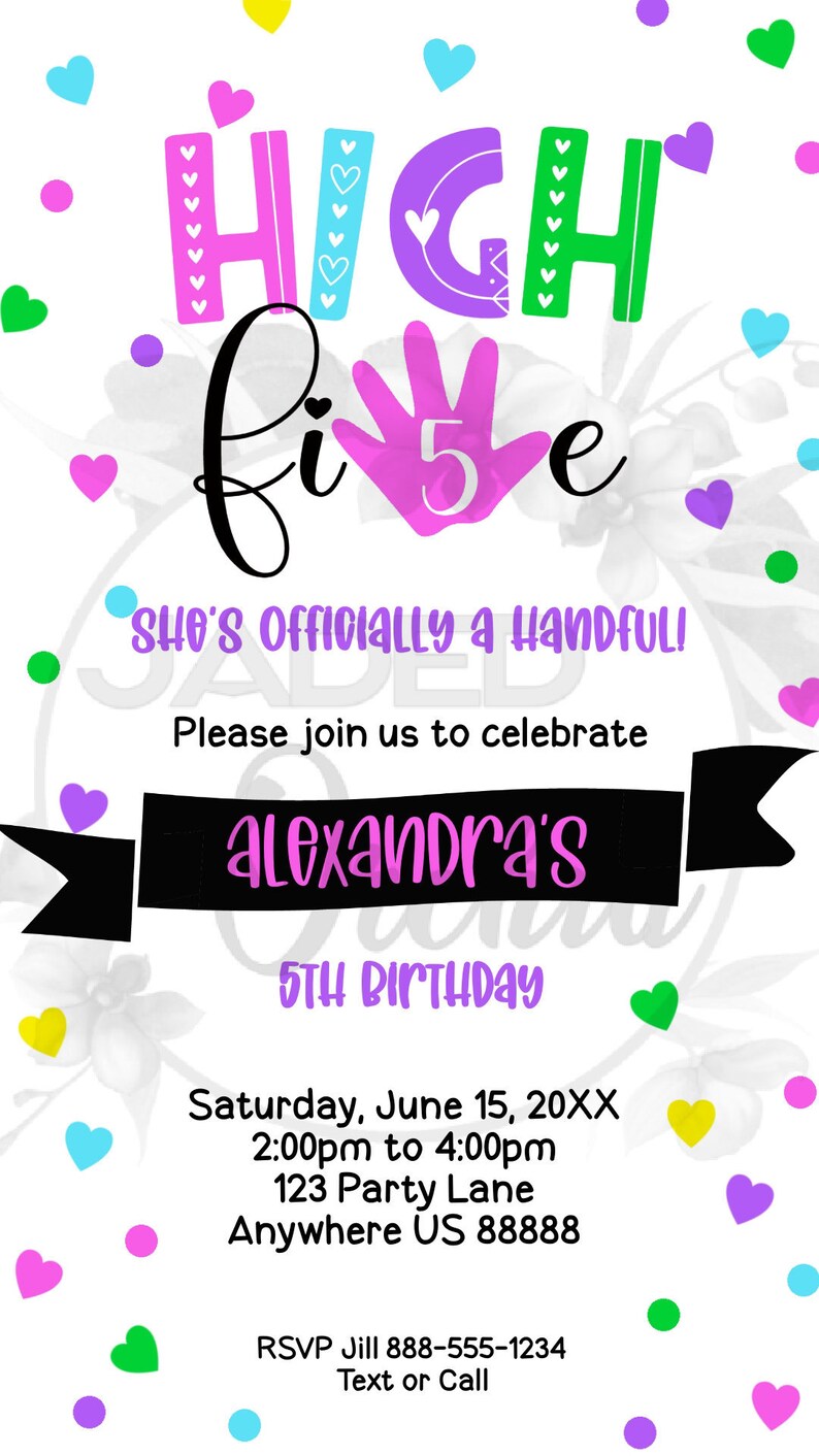 Girls 5th Birthday Party Invitation Printable High Five - Etsy