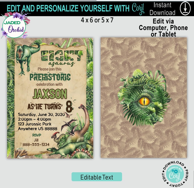 Dinosaur Birthday Invitation Eight Year Old Boys Dinosaur Etsy