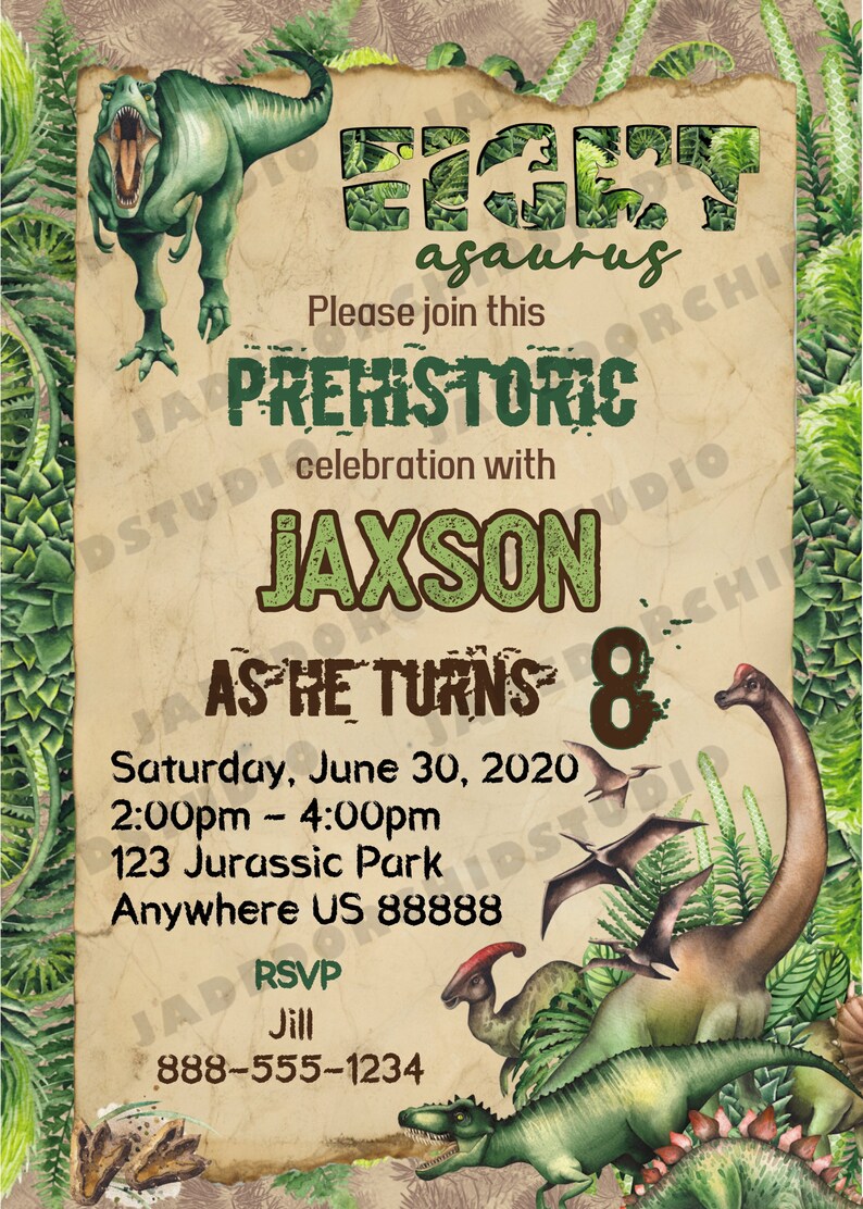 Dinosaur Birthday Invitation Eight Year Old Boys Dinosaur Etsy