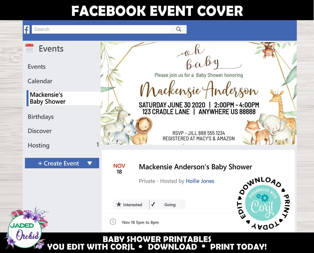 Safari Baby Shower Facebook Event Cover, Jungle Baby Shower Custom