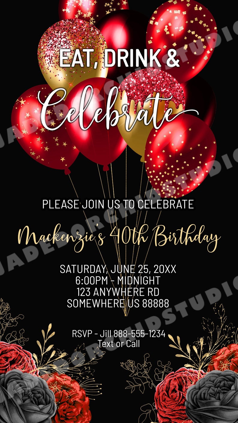 Red Black and Gold Party Invitation Red and Gold Birthday Etsy