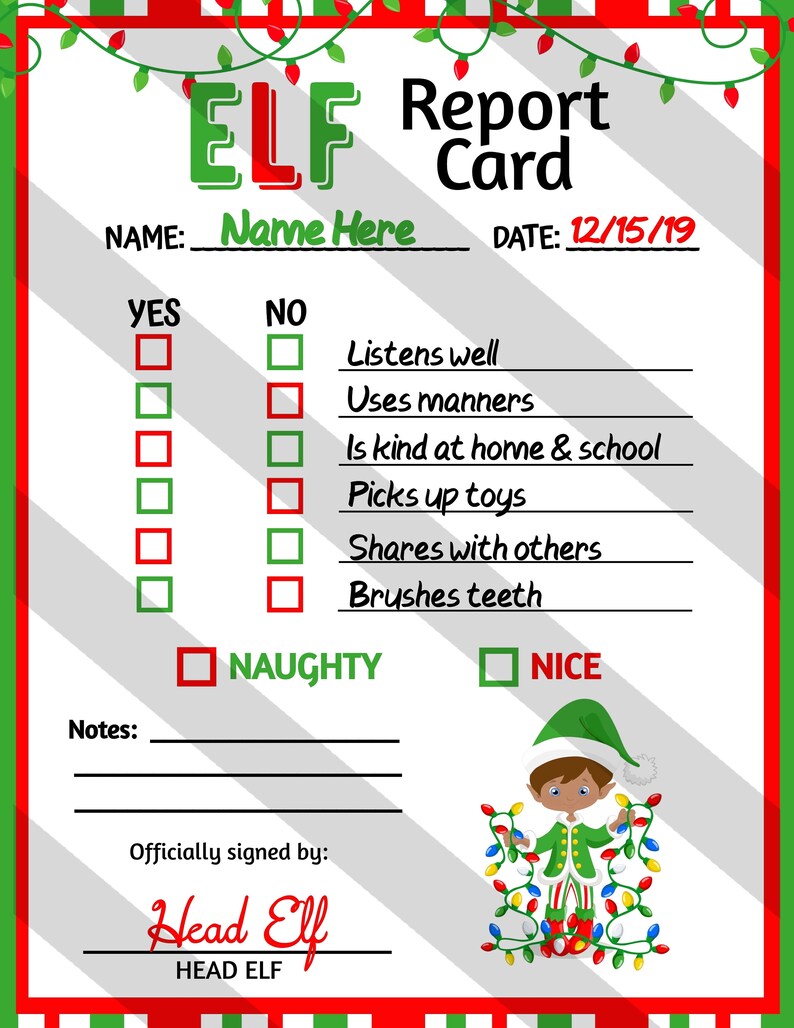 Personalized Elf Report Card Printable Christmas Elf Report Etsy