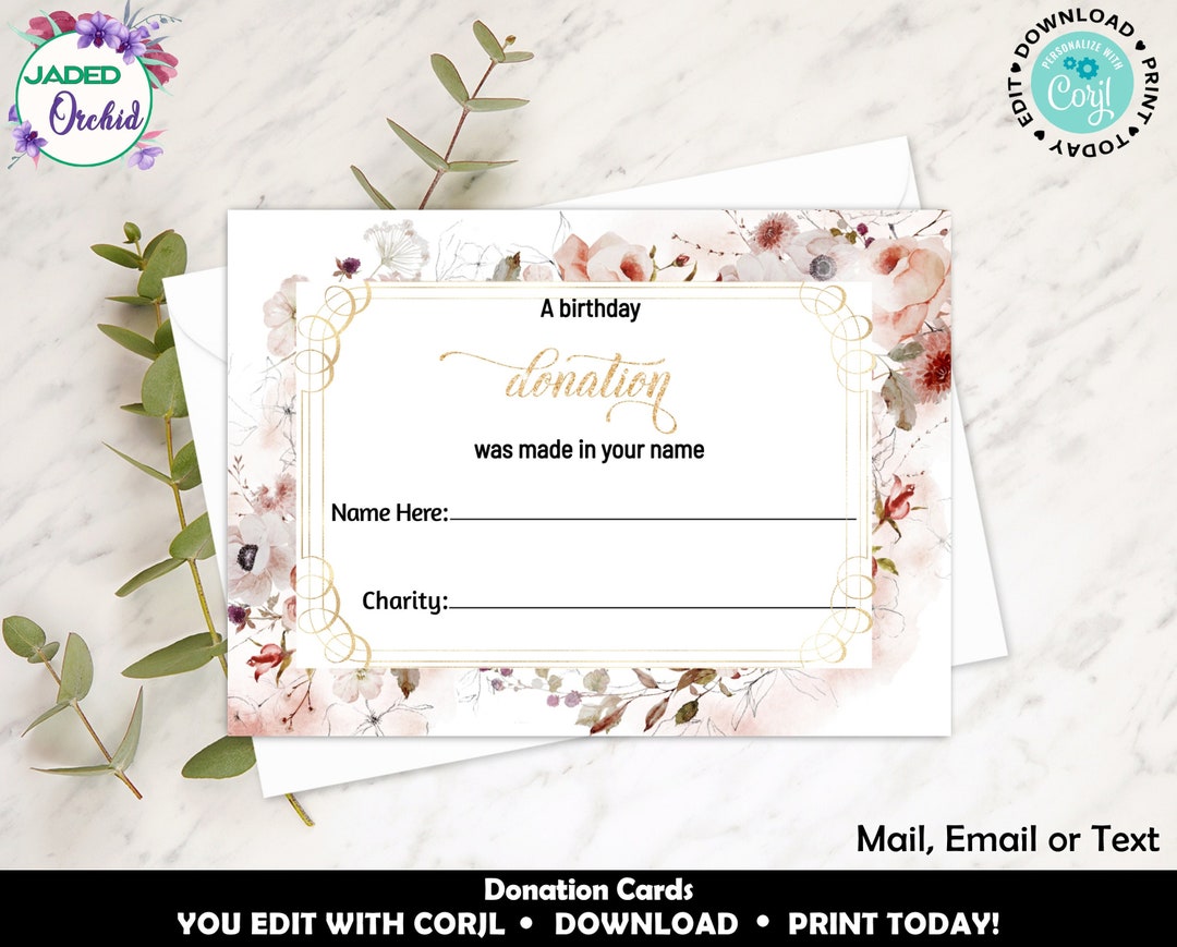 Printable Gold Floral Birthday Donation Card, Gold Birthday Charity ...