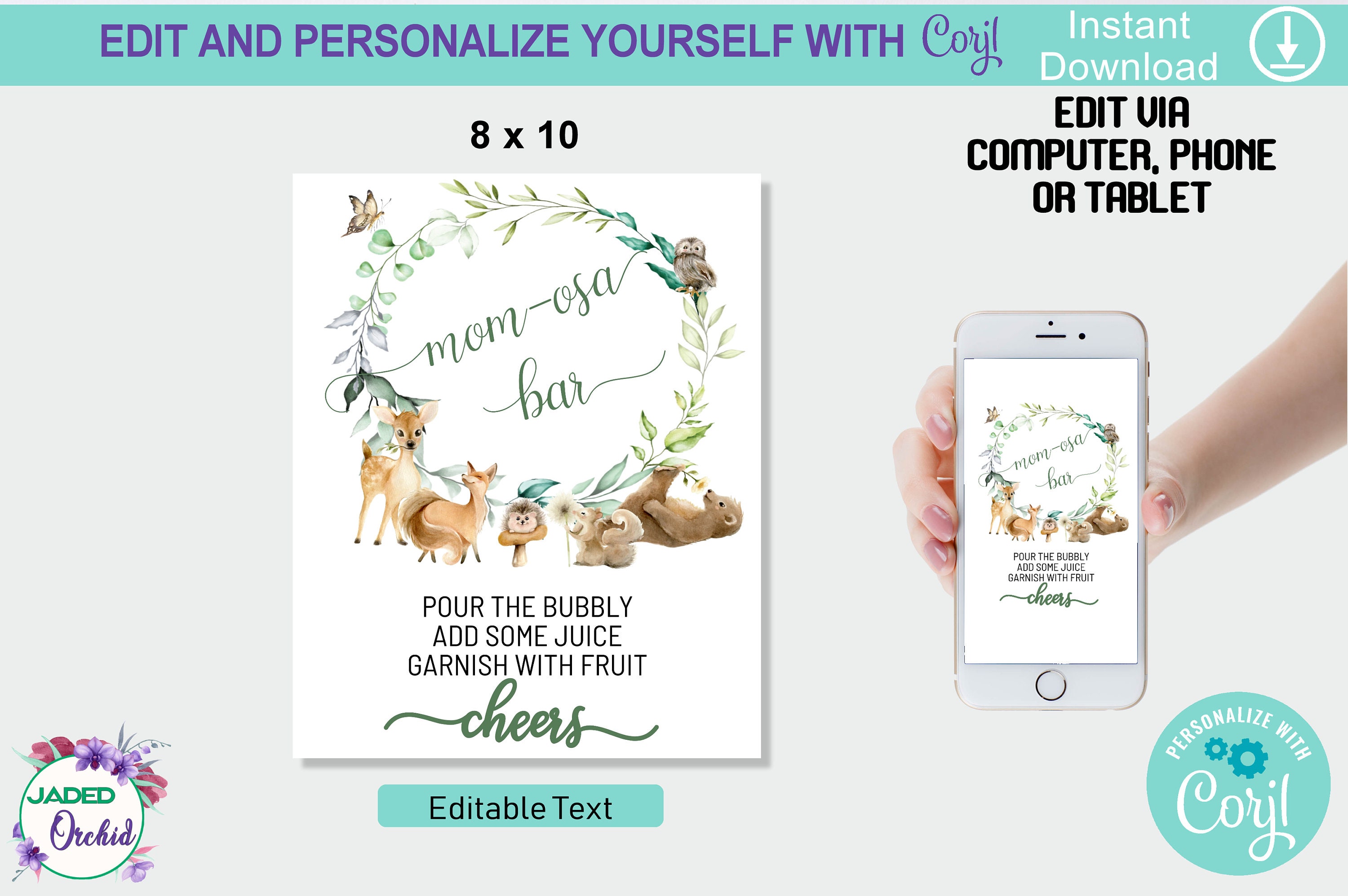 EDIT Momosa Bar Sign Mom-osa Bar Printable Woodland Animals | Etsy