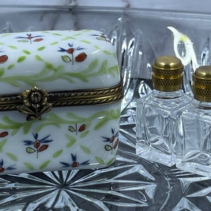 Miniature Floral Trinket Box with Perfume Bottles Porcelain Decor Collectible French Pillbox Springtime Dresser Decor