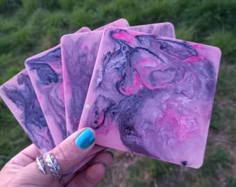 Hand-Painted Resin Coasters: Pink & Black Wood, Set of 4