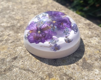 purple florals paperweight ornament using real flowers handpicked and dried locally