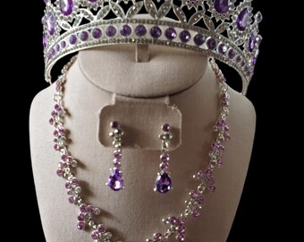 US Seller -Lavender Crystal Beads Bridal Crown Necklace Earrings Set Quinceañera