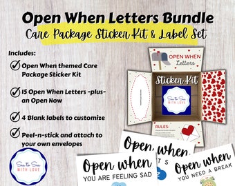 May include: A set of 15 "Open When" letters, a sticker kit, and 4 blank labels. The letters are designed to be opened at different times, such as when you are feeling sad or need a break. The sticker kit includes a mailbox, hearts, and the text "Open When Letters" and "Sticker Kit". The labels are blank so you can customize them with your own messages.