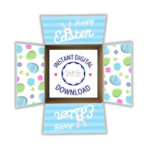 Könnte beinhalten: Eine blau-weiß gestreifte Schachtel mit einem Hasen und dem Text "Happy Easter" auf der Oberseite. Die Schachtel ist geöffnet und das Innere ist braun mit dem Text "Instant Digital Download" und einem blauen Kreis mit dem Text "Sea to Sea with Love". Die Seiten der Schachtel haben ein Muster aus grünen und blauen Ostereiern mit rosa und blauen Blumen.