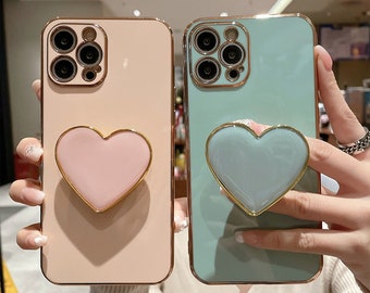iPhone 14 Pro Max Case Solid Color Phone Case With Heart Bracket For iPhone 11/12/13 Pro Max Case Electroplating Border iPhone Soft Shell