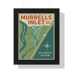 Murrells Inlet SC, carte, art mural, affiche vintage de la côte de la Caroline du Sud, encadrée, impression de ville de plage, décoration de l'océan Atlantique pour la maison