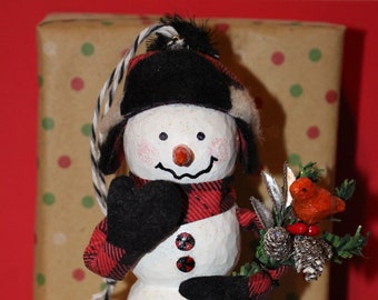 Hand carved, hand painted, all original 6-inch snowman ornament.