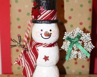 Hand carved, hand painted, all original 6-inch snowman ornament.