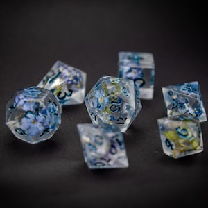 Könnte beinhalten: Sieben Würfel aus klarem Kunstharz mit blauen und grünen floralen Einschlüssen. Jeder Würfel hat schwarze Zahlen und eine andere geometrische Form, darunter ein d20, d12, d10, d8, d6 und d4. Die Würfel liegen auf einer schwarzen Oberfläche.