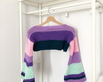 Croche crochet crochet sweater pullover top trumpets arm wide arm stripes winter stripes multi color