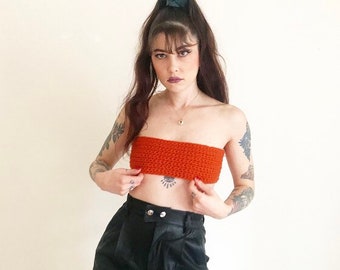 Bonnie Crochet Top Bauchfrei Rückenfrei Bandeau orange wolle Strick Häkel Sommer cropped top Wickel top