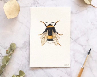 Original Watercolor Painting Illustration Card Bumblebee Insect Animal Nature Picture