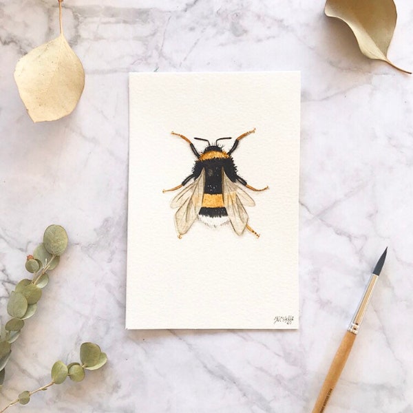 Aquarelle Originale Peinture Illustration Carte Bourdon Insecte Animal Nature Photo