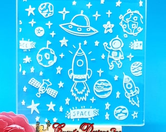 WZÓR Z TEMATYKĄ KOSMICZNĄ, astronauta z rakietą kosmiczną Ovni Embosser Stamp Cookie Embosser, Embosser Cupcake Topper, Embosser Fondant