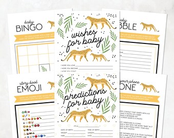 Cheetah Baby Shower Games, Baby Bingo, Baby Babble, Story Book Emoji, What's In Your Phone, Yellow, Black, Mint Green — INSTANT DOWNLOAD