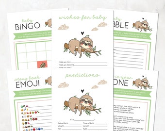 Sloth Baby Shower Games, Baby Bingo, Baby Babble, Story Book Emoji, What's In Your Phone, Mint Green, Black — INSTANT DOWNLOAD