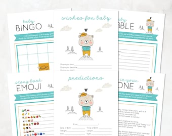 Bear Baby Shower Games, Baby Bingo, Baby Babble, Story Book Emoji, What's In Your Phone, Brown, Teal — INSTANT DOWNLOAD