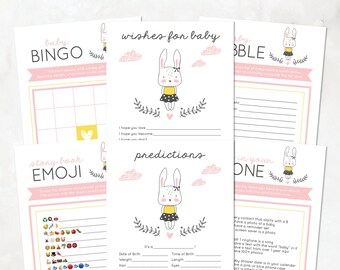 Bunny Baby Shower Games, Baby Bingo, Baby Babble, Story Book Emoji, What's In Your Phone, Pink, Yellow — INSTANT DOWNLOAD