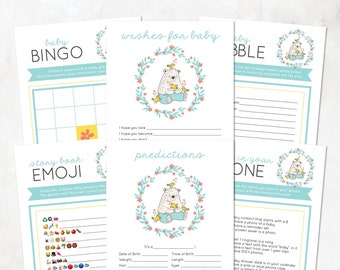 Bear with Birds Baby Shower Games, Baby Bingo, Baby Babble, Story Book Emoji, What's In Your Phone, Teal, Yellow — INSTANT DOWNLOAD