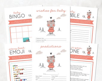 Bear Baby Shower Games, Baby Bingo, Baby Babble, Story Book Emoji, What's In Your Phone, Brown, Coral — INSTANT DOWNLOAD