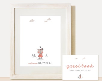 Bear Baby Shower Guest Book, Brown, Coral — INSTANT DOWNLOAD