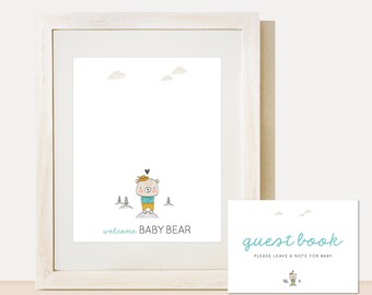 Bear Baby Shower Guest Book, Nursery Art Print, Brown, Teal — INSTANT DOWNLOAD