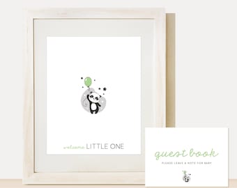 Panda Baby Shower Guest Book, Mint Green, Black — INSTANT DOWNLOAD