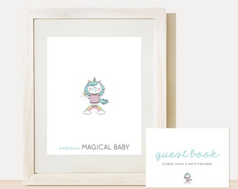 Libro degli ospiti per Baby Shower con unicorno, verde acqua, viola, rosa — DOWNLOAD IMMEDIATO