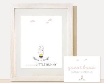 Libro degli ospiti Bunny Baby Shower, rosa, giallo — DOWNLOAD IMMEDIATO