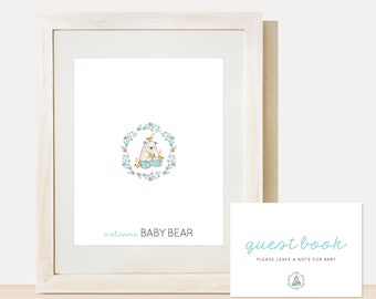 Libro degli ospiti per baby shower orso con uccelli, verde acqua, giallo — DOWNLOAD IMMEDIATO