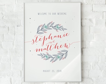 Moon Stars Ferns Wedding Welcome Sign, Navy Blue, Coral, Teal, Moon and Stars, Arrows — DIY