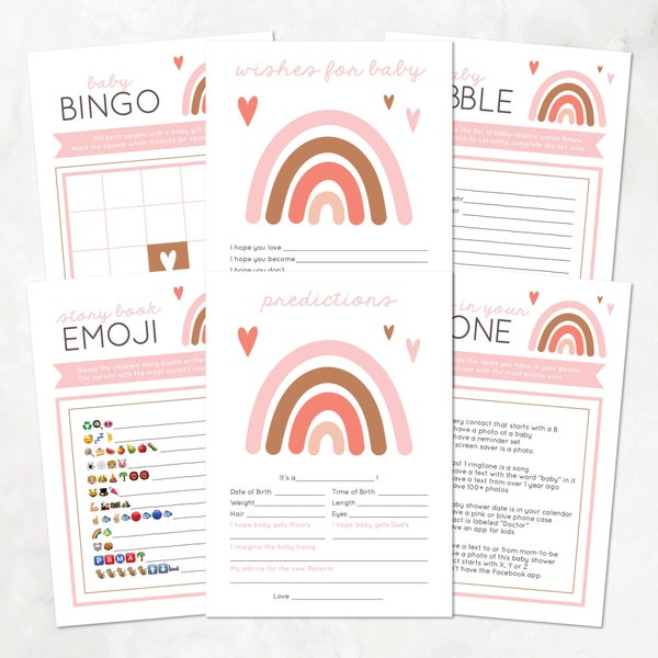 Rainbow Baby Shower Games, Baby Bingo, Baby Babble, Story Book Emoji, What's In Your Phone, Pink, Copper — INSTANT DOWNLOAD