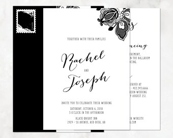 Lace Flower Wedding Invitation Set, Black, White — DIY or PRINTED