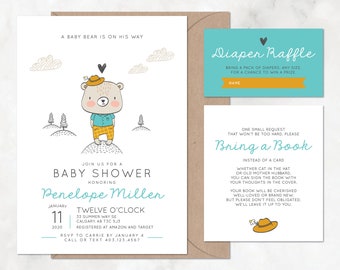 Bear Baby Shower Invitation with Diaper Raffle, Bring A Book, Brown, Teal — DIY or PRINTED