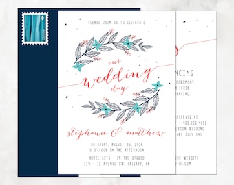 Moon Stars Ferns Wedding Invitation Set, Navy Blue, Coral, Teal, Moon and Stars, Arrows — DIY or PRINTED