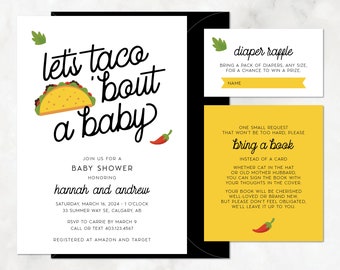 Taco Baby Shower Invitation with Diaper Raffle, Bring A Book, Yellow, Black — DIY or PRINTED