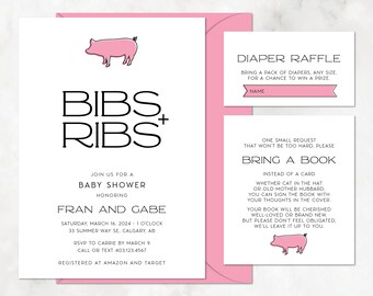 Bibs + Ribs Baby Shower Invitation with Diaper Raffle, Bring A Book, Black and White, Minimalist — DIY or PRINTED