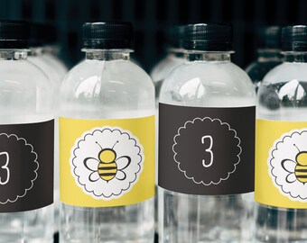Bee Birthday Water Bottle Labels, Yellow, Black, Digital File (PDF) — DIY