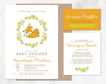 Fox Baby Shower Invitation with Diaper Raffle, Bring A Book, Orange, Green — DIY or PRINTED