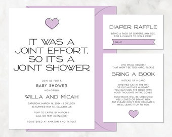 Joint Effort Baby Shower Invitation with Diaper Raffle, Bring A Book, Black and White, Minimalist — DIY or PRINTED