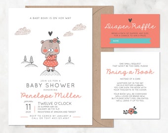 Bear Baby Shower Invitation with Diaper Raffle, Bring A Book, Brown, Coral — DIY or PRINTED