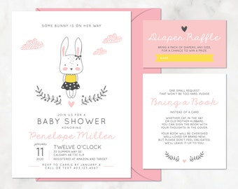 Bunny Baby Shower Invitation with Diaper Raffle, Bring A Book, Pink, Yellow — DIY or PRINTED