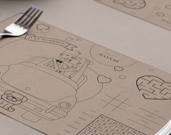 Arch Wedding Activity Placemat for Kids, Photo, Custom Table Numbers with Names, Couple's Likeness and Pet(s) — DIY or PRINTED